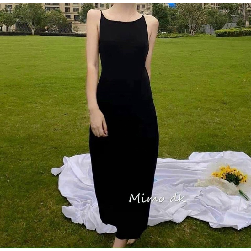 ĐẦM BODY 2DÂY HỞ LƯNG-Váy maxi 2 dây đen ôm dáng dài hở lưng chất cotton tàu co dãn
