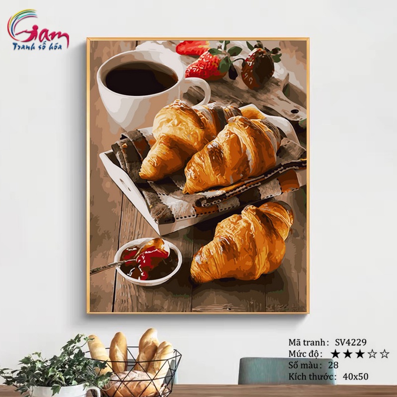 Tranh sơn dầu số hóa tự tô màu theo số Gam Ẩm Thực Cà Phê Và Bánh căng sẵn khung 2,5cm size 40x50cm SV4229