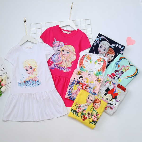 Váy đầm cho bé gái size Đại chất cotton mềm mịn trơn in hoạ tiết mickey, elsa, kỳ lân, công chúa - VHA