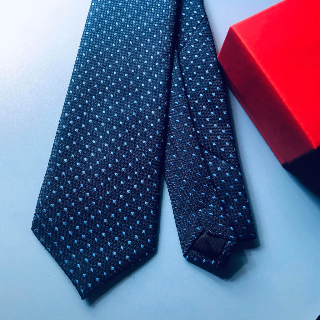 Cà vạt nam, Caravat bản 8cm Dệt Thủ Công Cao Cấp kèm hộp quà tặng dự tiệc sọc chéo xanh đen - Memotop
