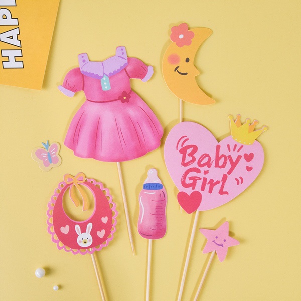 Set que cắm váy hồng BABY GIRL - Phụ kiện trang trí bánh sinh nhật