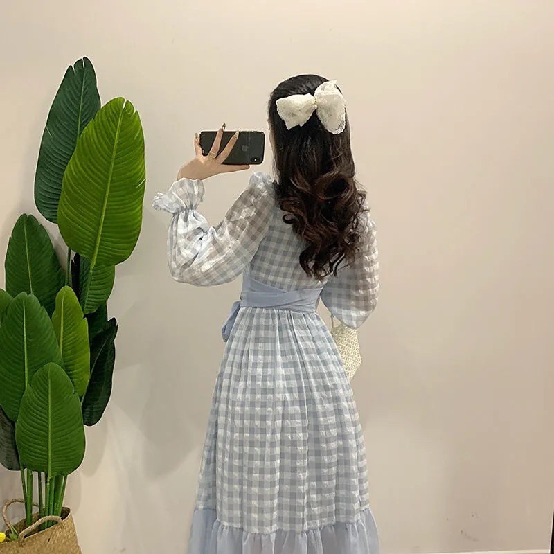 Đầm ulzzang dáng dài vintage hoạ tiết kẻ caro phong cách công chúa hàng Quảng Châu