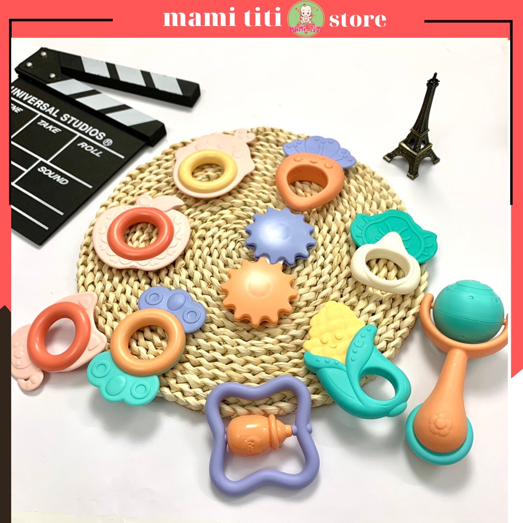 Xúc xắc cho bé, Gặm Nướu 10 món Silicon hình thú cầu vồng Lục Lạc Cho Bé