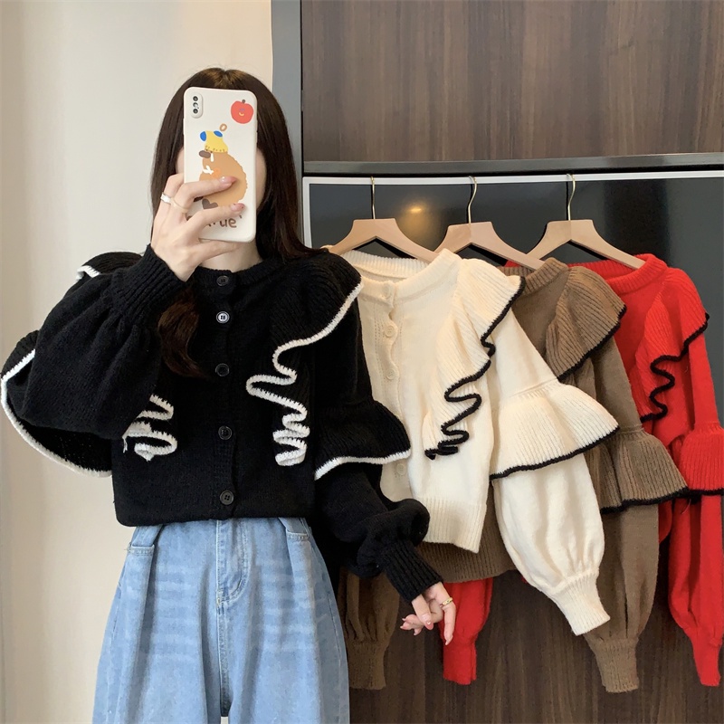 Áo sweater Dệt Kim Dày Chui Đầu Viền Gợn Sóng Màu Tương Phản Trước Và Sau Thời Trang Mùa Thu 2022