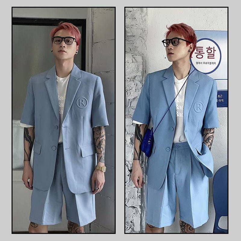 Áo Khoác Blazer Tay Ngắn Dáng Rộng Màu Sáng Phong Cách Hàn Quốc Sang Trọng Cho Nam