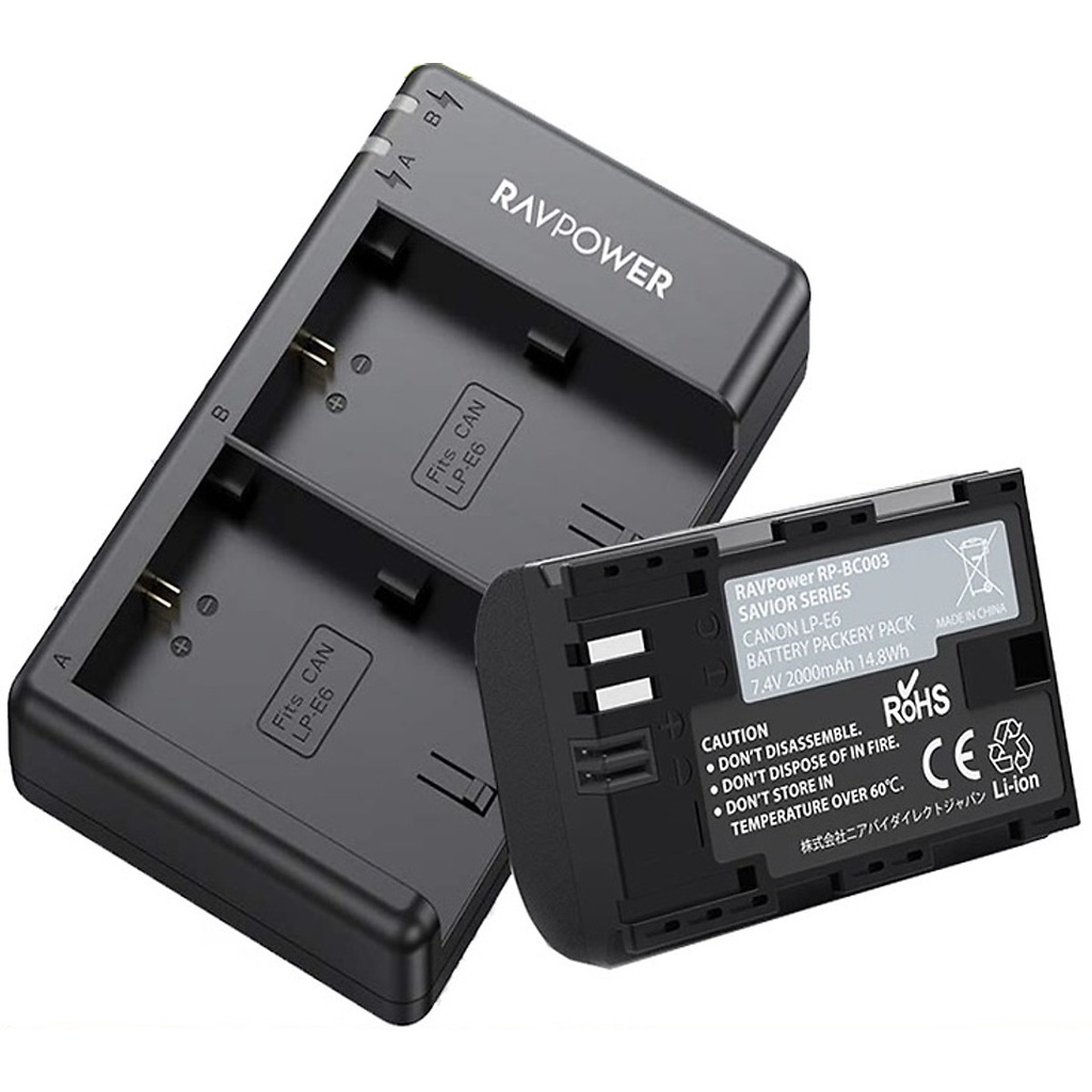 Bộ 2 pin+sạc đôi cho Canon LP-E6/E6N RAVPOWER dùng cho máy ảnh EOS R 90D 5d4 70D 6d2 R6 R5 5D2 5D3 60D 7D2 7D...