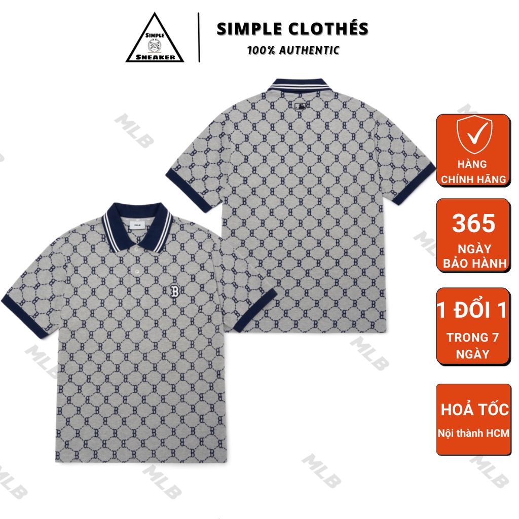 ÁO POLO MLB MONOGRAM BOSTON RED SOX🔥CHÍNH HÃNG🔥T-shirt Polo Logo B Màu Xám  - SIMPLE SNEAKER