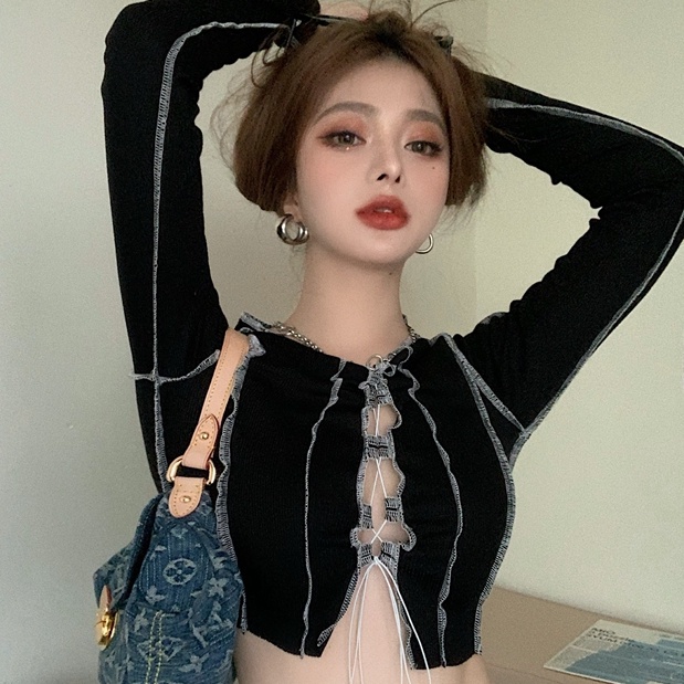 SUXI Áo Thun Tay Dài Cổ Chữ V Dáng Ôm Quyến Rũ Trẻ Trung Phong Cách Vintage