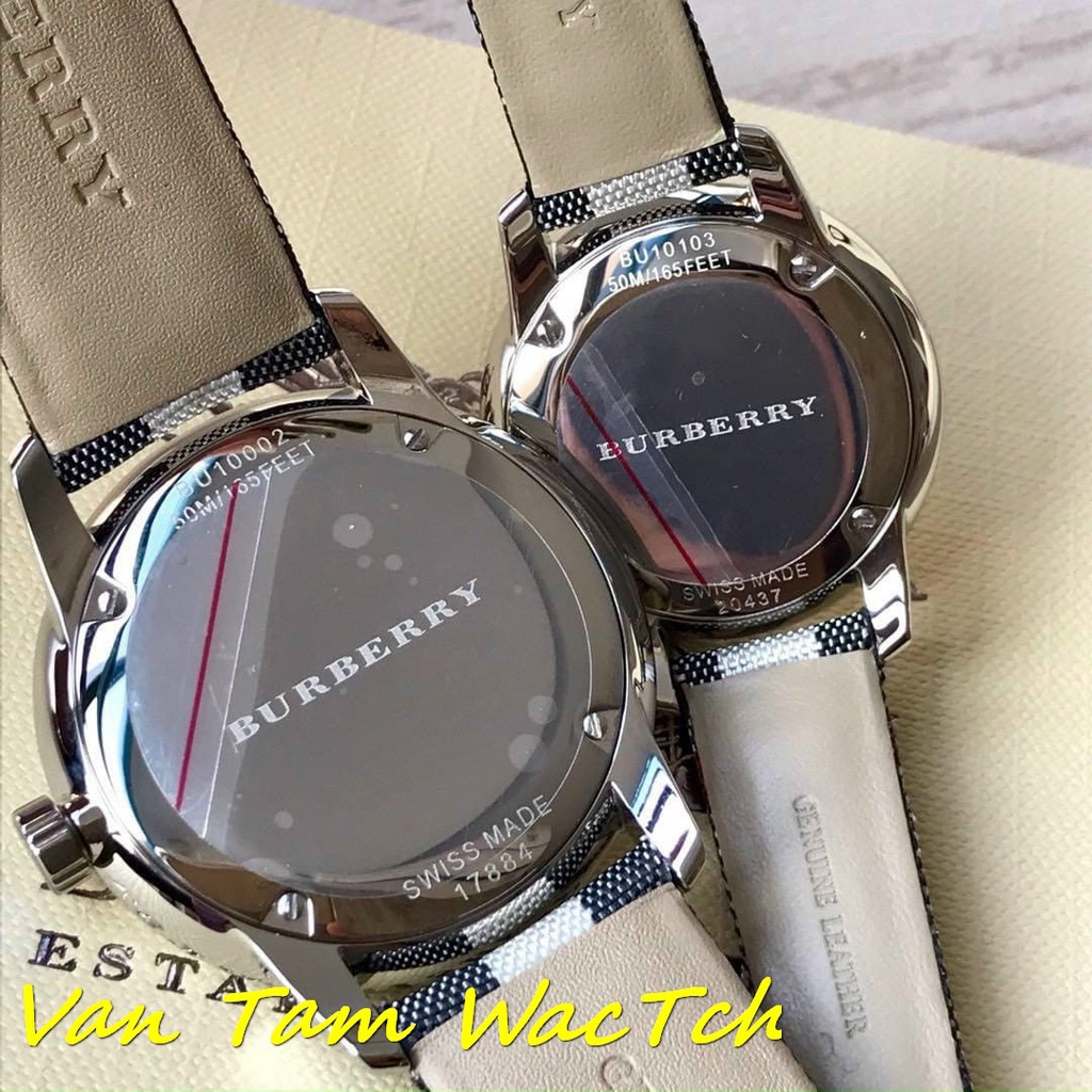Đồng hồ đôi nam nữ Burberry bu1002 40mm,bu1003 32mm máy Thụy sĩ quartz, mẫu mặt tròn màu trắng, dây da cao cấp