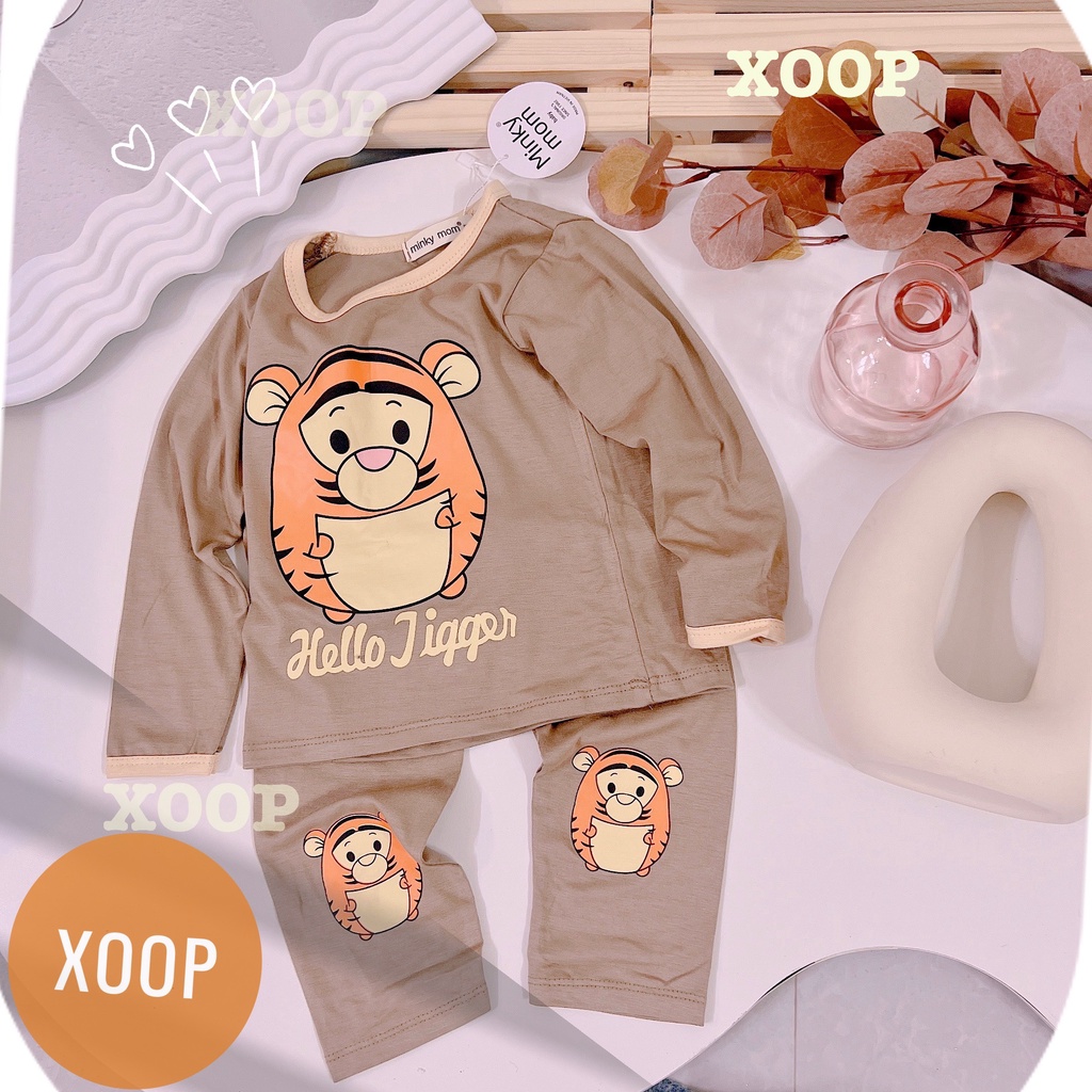 Bộ dài tay chất thun lạnh- Bộ dài tay hàng minky mom  in họa tiết hổ- nâu cho bé ( cân nặng từ 8-19kg) BD7