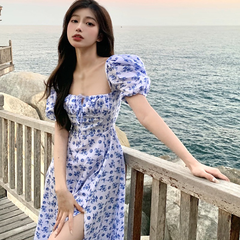 Đầm trễ vai tay phồng phối xẻ tà họa tiết hoa thời trang mùa hè kiểu Hàn Quốc quyến rũ cho nữ