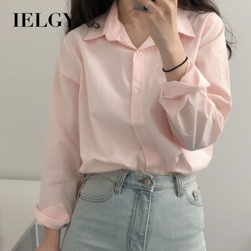 Áo sơ mi polo IELGY tay dài màu trơn phong cách Hàn Quốc thời trang cho nữ