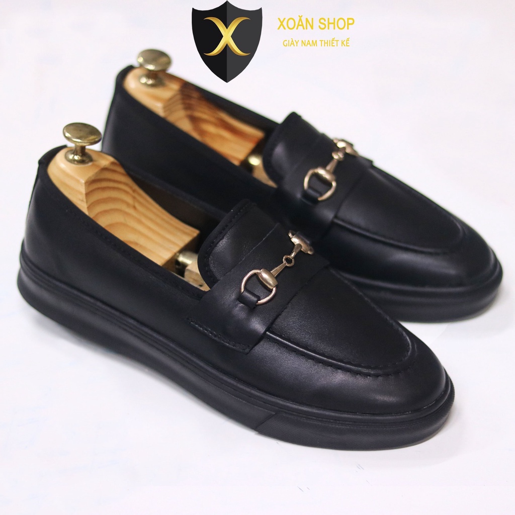 Giày lười nam cao cấp, slipon nam da thật 100% Xoăn Shop D08 màu đen đai kim loại