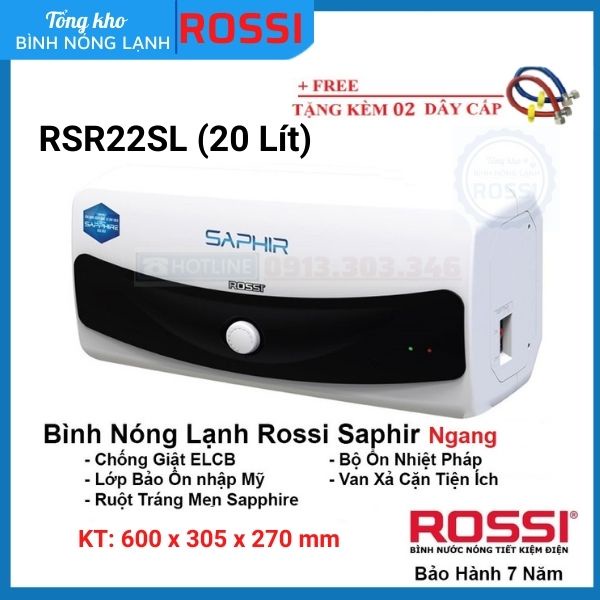 Bình nóng lạnh Rossi Saphir ngang RS22SL, chính hãng, bảo hành 7 năm toàn quốc, tân á đại thành online