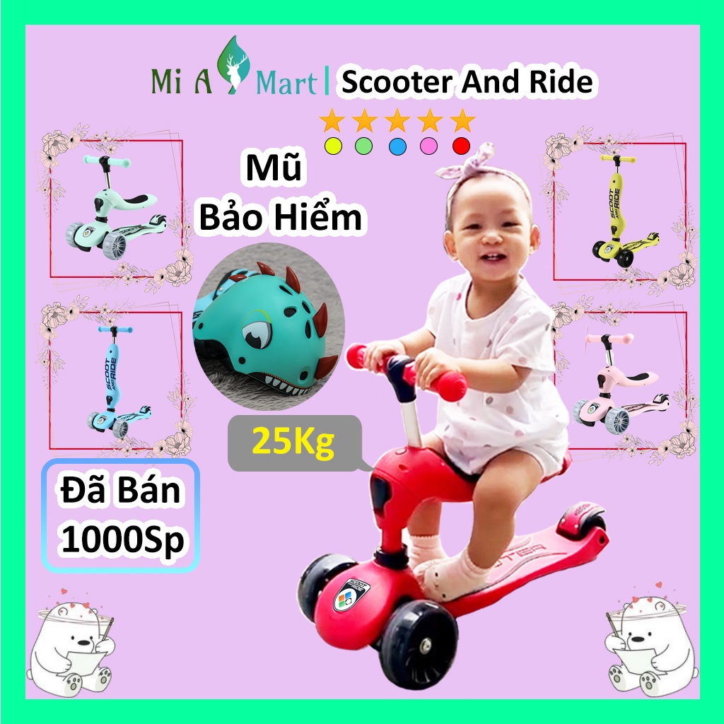 Scooter and ride 3 in 1 có ghế,có tay đẩy, bánh xe to phát sáng vĩnh cửu chịu tải 50kg - Xe scooter cho bé Novo X88