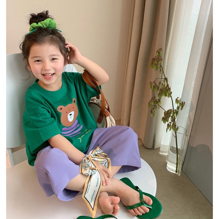 Áo Thun Ngắn Tay Cổ Tròn In Họa Tiết Hoạt Hình Phong Cách Hàn Quốc Cho Bé Gái