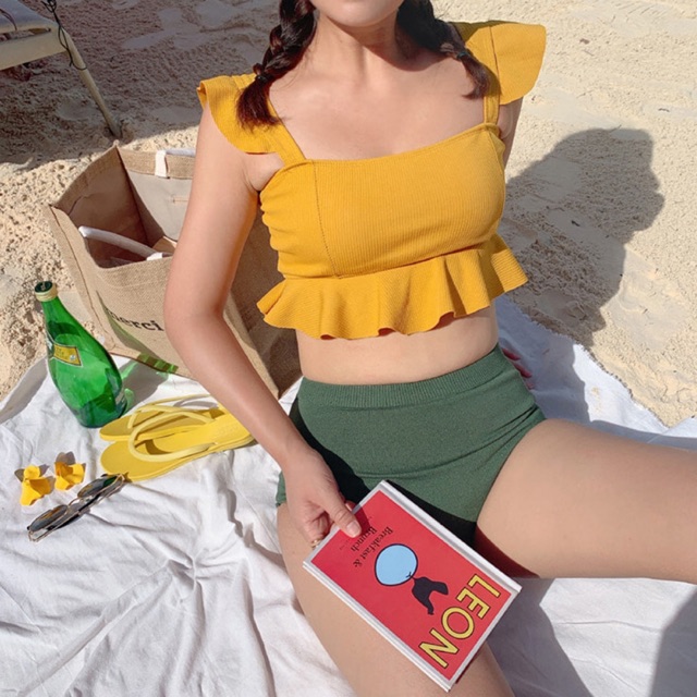 Bộ bơi 2 mảnh (áo vàng+quần cạp cao xanh)