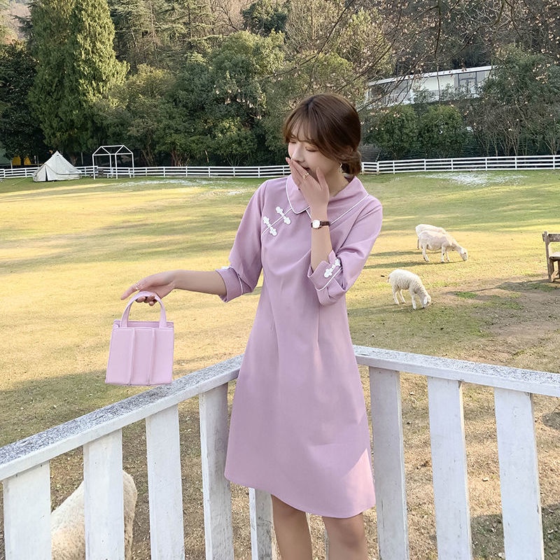 2022 Spring and Autumn New Cheongsam improved version of the small doll collar medium-long dress temperament waist shows a thin woman