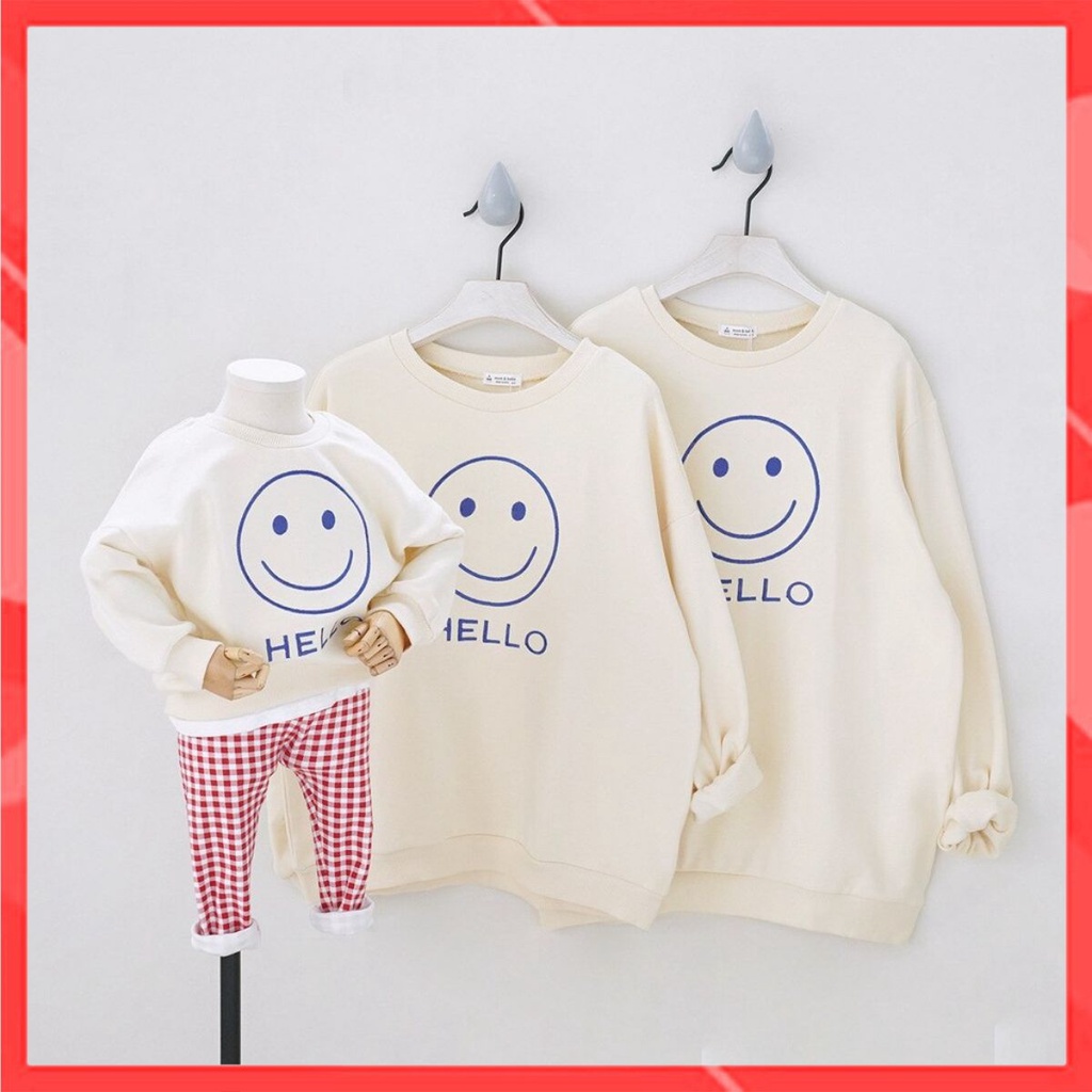 Áo Sweater Gia đình Familylove - Mẫu Áo Gia đình Sweater Dài Tay Mặc cười HELLO Chất Nỉ Da Cá Cotton 100%