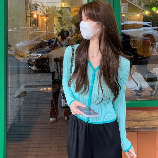 Áo cardigan ZHELIHANGFEI dệt kim tay dài cổ chữ V lưng cao dáng ôm dễ phối đồ sành điệu