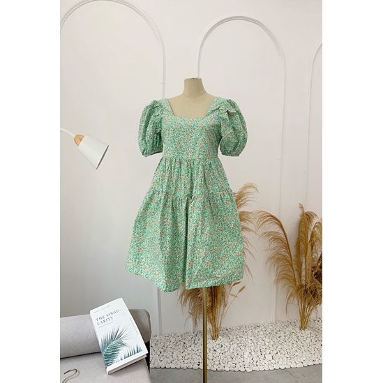 Đầm - váy babydoll tiểu thư thô hoa xanh nơ sau Kozoda D73