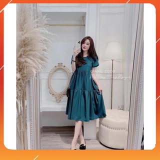 Đầm Maxi, Váy Maxi Xanh Ba Tầng Tay Bồng Siêu Sang Chảnh