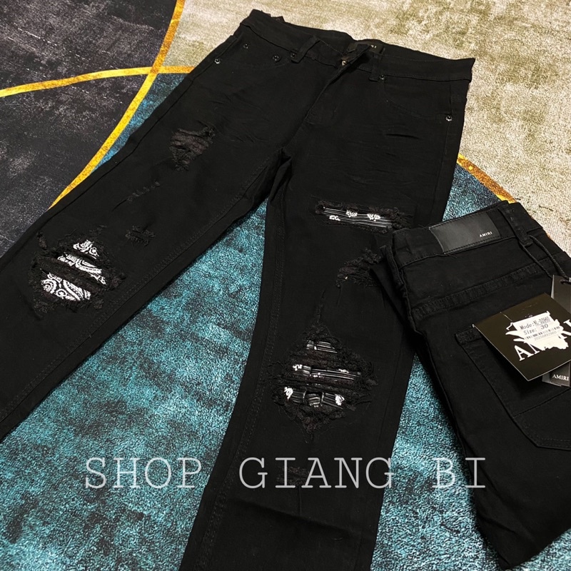Quần jean nam vá da nhăn khâu viền,quần bò vá da nhăn rách xước nhẹ dáng slimfit