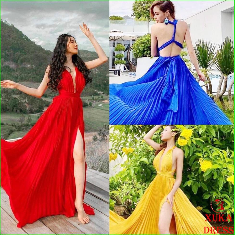 Đầm maxi đi biển dã ngoại 2 dây dập ly xẻ tà thắt nơ phong cách thời trang XUKA-DRESS MT007-chất Lụa siêu đẹp cao cấp  ྇