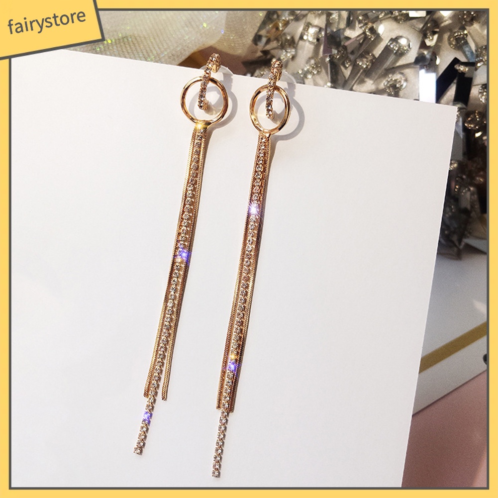 Hoa tai dây tua dài hình tròn dạng thả đính đá cho nữ