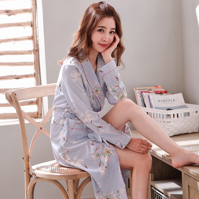 Áo Choàng Ngủ Tay Dài Chất Liệu Cotton Thời Trang Xuân Thu Cho Nữ