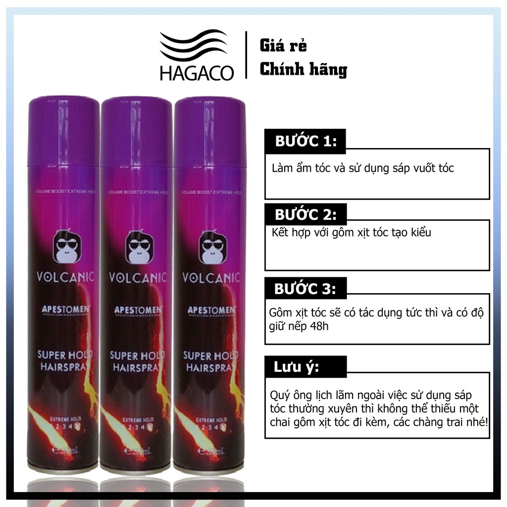 Gôm xịt tóc VOLCANIC 350ml tạo kiểu giữ nếp cho tóc. HÀNG CHÍNH HÃNG