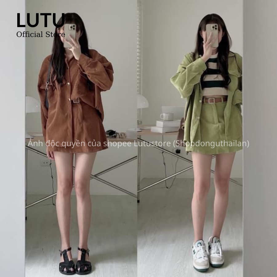 Set áo khoác sơ mi nhung tăm dài tay mix chân váy chữ A trẻ trung