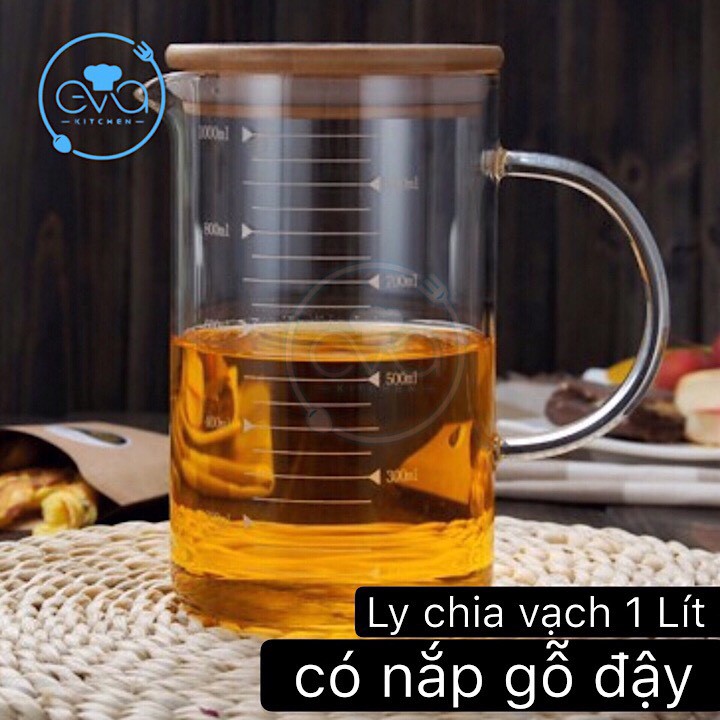 Ly Thuỷ Tinh Chia Vạch Đo Lường 1000 Ml Kèm Nắp Gỗ Đậy