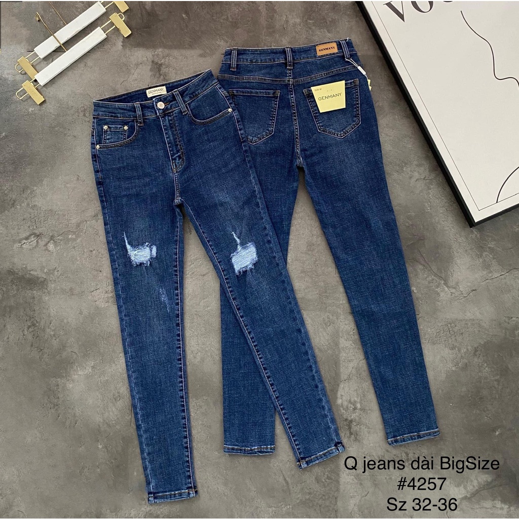 Quần jeans dài BigSize lưng cao, co dãn mạnh, màu xanh đậm rách kiểu 4257