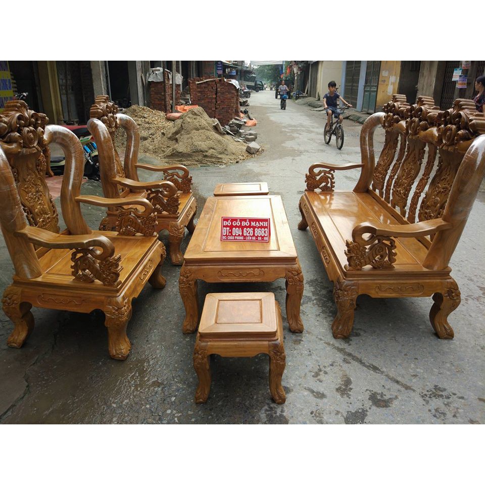 Bộ bàn ghế giả cổ trạm hoa lá tây tay 12 gỗ lim