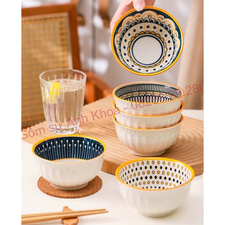 Chén Dĩa Sứ Bát Ăn Cơm Đĩa Sứ Decor trang trí Bát cơm họa tiết thổ cẩm mới lạ độc đáo cho gia đình