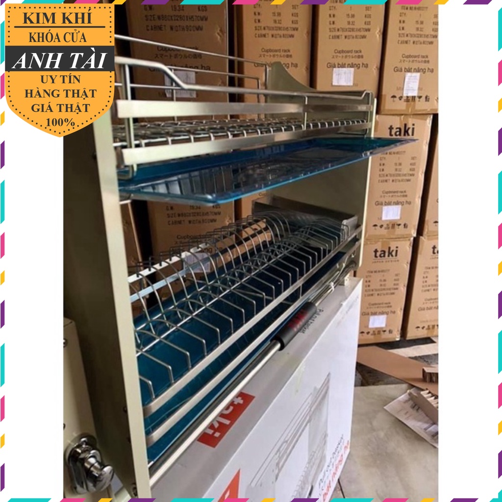 Giá bát nâng hạ, kệ chén đĩa nâng hạ INOX 304 bản đủ 2 khay hứng nước inox kèm ống đũa phiên bản 2023