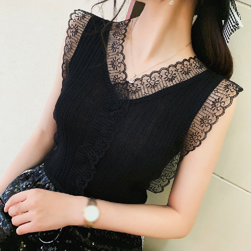 Áo Dệt Kim Sát Nách Cổ Chữ V Màu Sắc Thanh Lịch Cho Nữ