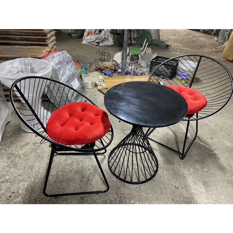 Bộ bàn ghế cafe-ghế chữ X-bàn chân sắt mặt gỗ