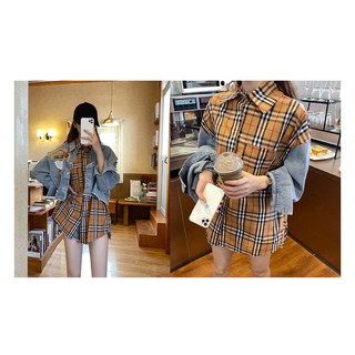👗👗Set Áo Khoác Denim Sát Nách Dáng Ngắn + Áo Sơ Mi Kẻ Sọc Ca Rô Xẻ Tà Trẻ Trung Cá Tính