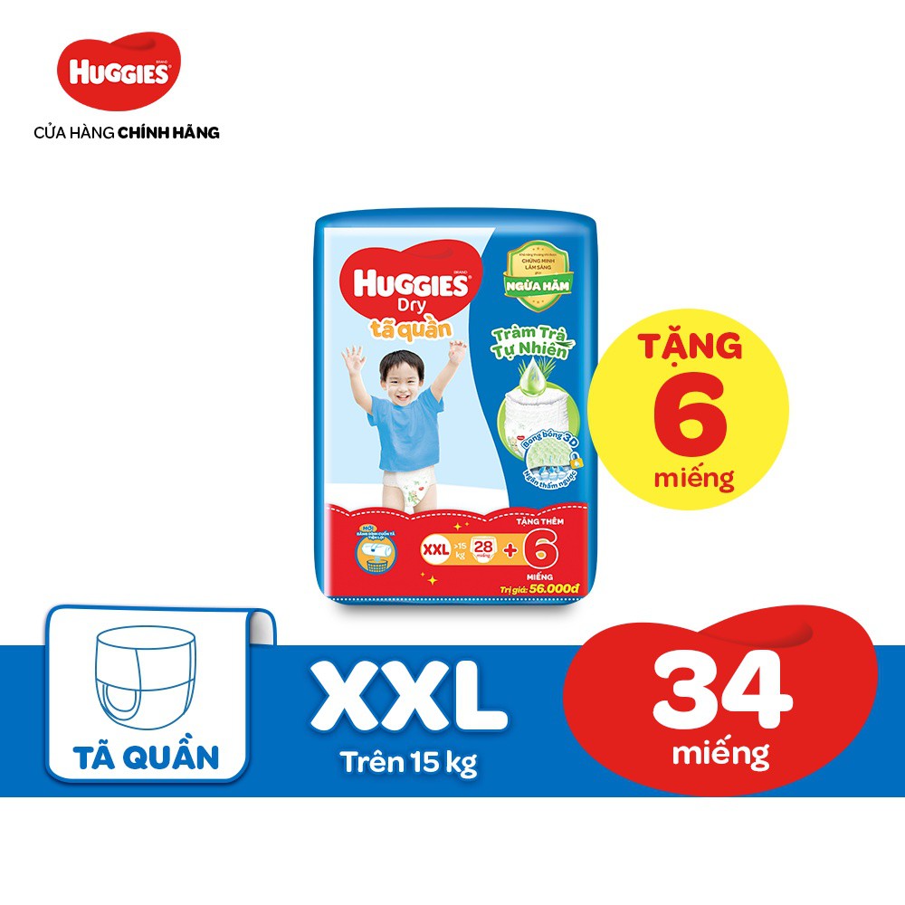 TÃ Quần Huggies Tràm Trà Tự Nhiên Dry M42/L38/XL32/XXL28 + Tặng 6 miếng:M42