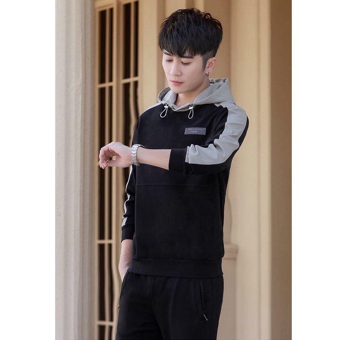 Bộ quần áo nam dài tay, bộ thu đông nam, áo hoodie và quần dài, vải nỉ da cá, đẹp, dày dặn mã T33