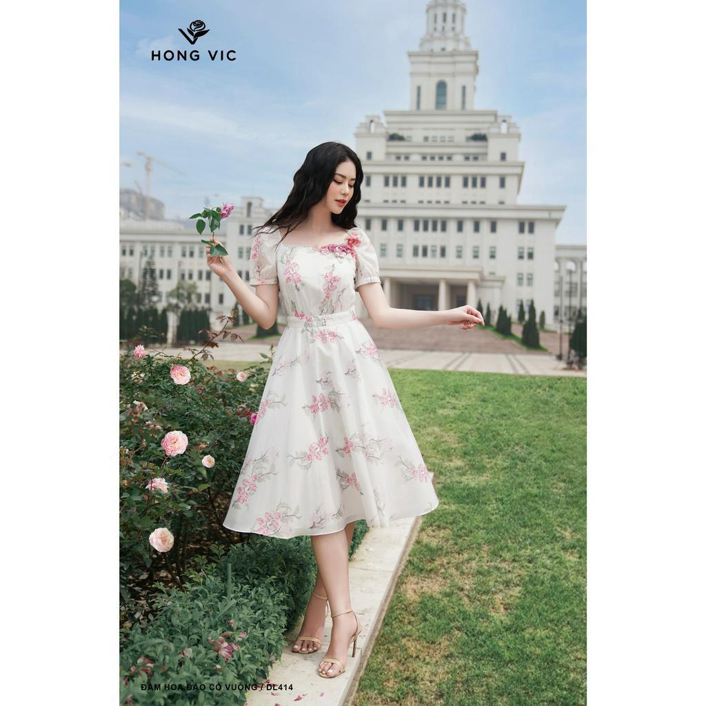 Đầm nữ thiết kế Hong Vic hoa đào cổ vuông DL414