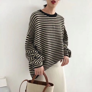 Áo len tay bồng cổ tròn kẻ nhỏ