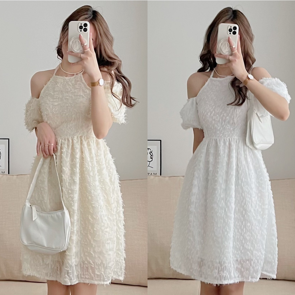 Váy yếm voan lông mềm 2 lớp tiểu thư, đầm nữ tay bồng đi chơi, du lịch