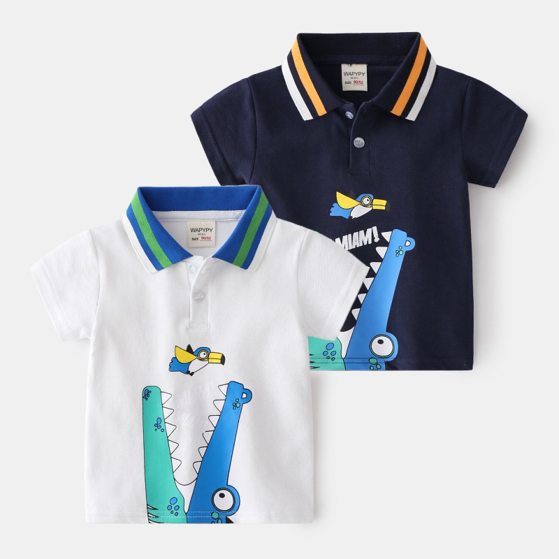 Áo thun polo SOFFNY tay ngắn in họa tiết hoạt hình bằng cotton thời trang mùa hè cho bé trai