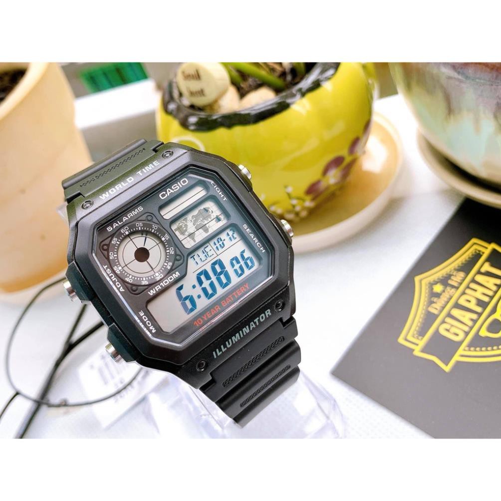 Đồng hồ nam Casio AE 1200-WHD classic chống nước , dây cao su trẻ trung năng động đa múi giờ chống nước , chống xước