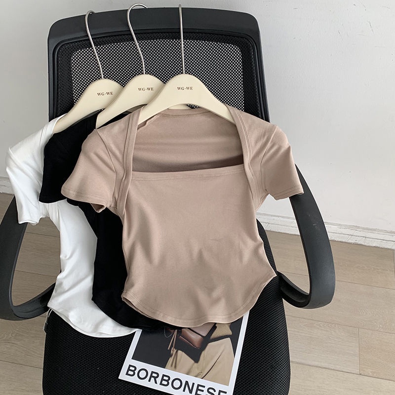 Áo Thun Tay Ngắn Cổ Vuông Dáng Ôm Thời Trang Mùa Hè Xinh Xắn Cho Nữ