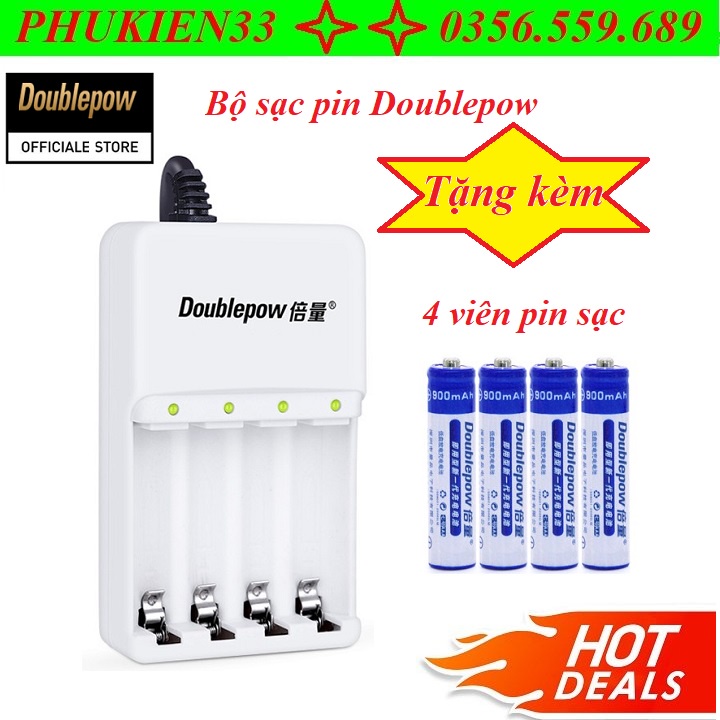 Bộ sạc pin tiểu AA và AAA Doublepow Sạc Nhanh, Tự Ngắt, Có Đèn Báo Sạc Đầy + tặng kèm 4 viên pin AA 1200