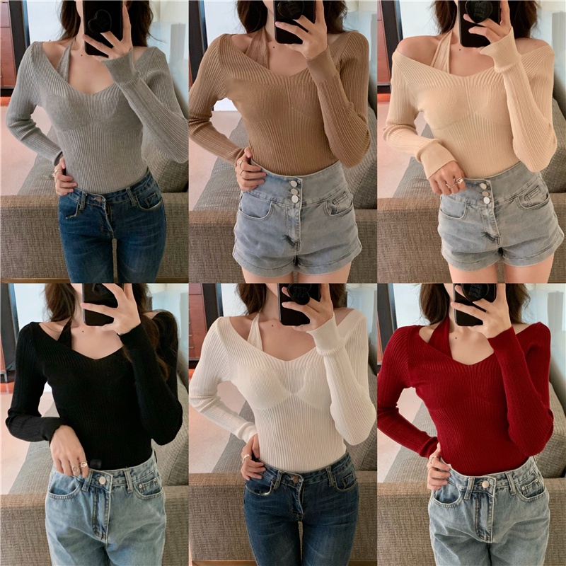 SUXI Áo dây dệt kim dài tay màu trơn thời trang Hàn Quốc cho nữ